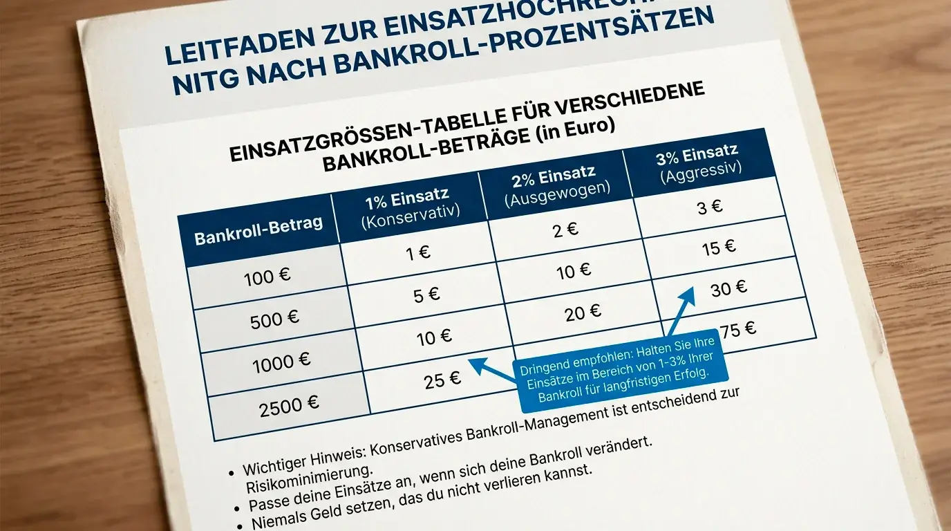 Prozentsatz-Einsatzkalkulation für Formel-1-Wetten: 1-3% Bankroll-Regel und Beispielrechnung für verschiedene Budgetgrößen