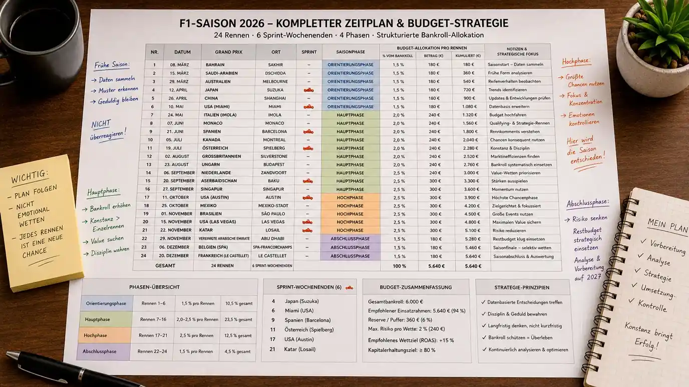 Saisonplanung für Formel-1-Bankroll Management: Budget-Verteilung über 24 Rennen und 6 Sprint-Wochenenden in 2026