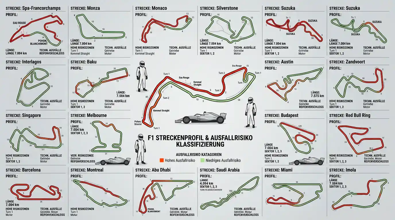 Karte der Formel-1-Strecken mit höchstem Ausfallrisiko und Kategorisierung nach Ausfallursache