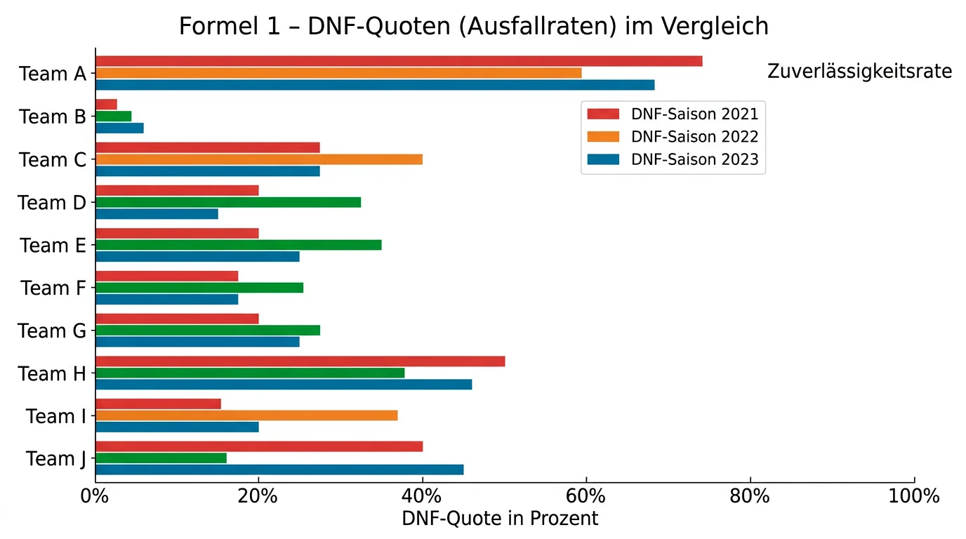 Statistik zur Ausfallrate verschiedener Formel-1-Teams über mehrere Saisons – Zuverlässigkeitsvergleich