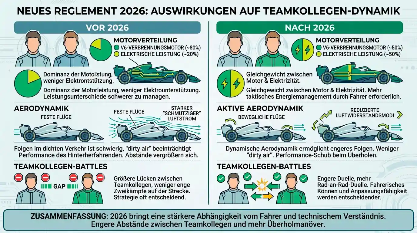 Infografik zum Einfluss des neuen F1-Reglements 2026 auf Teamkollegen-Wettquoten