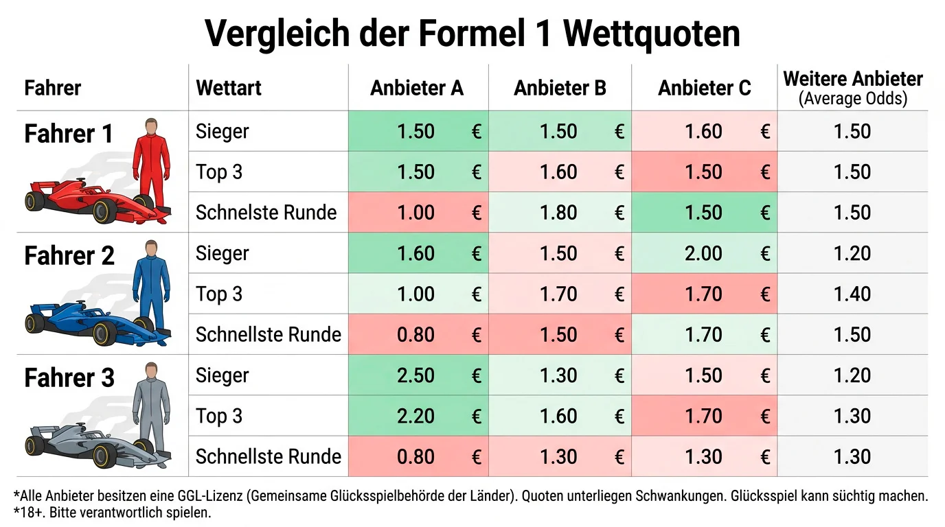 Tabellarischer Vergleich von Formel-1-Wettquoten bei mehreren GGL-lizenzierten Anbietern