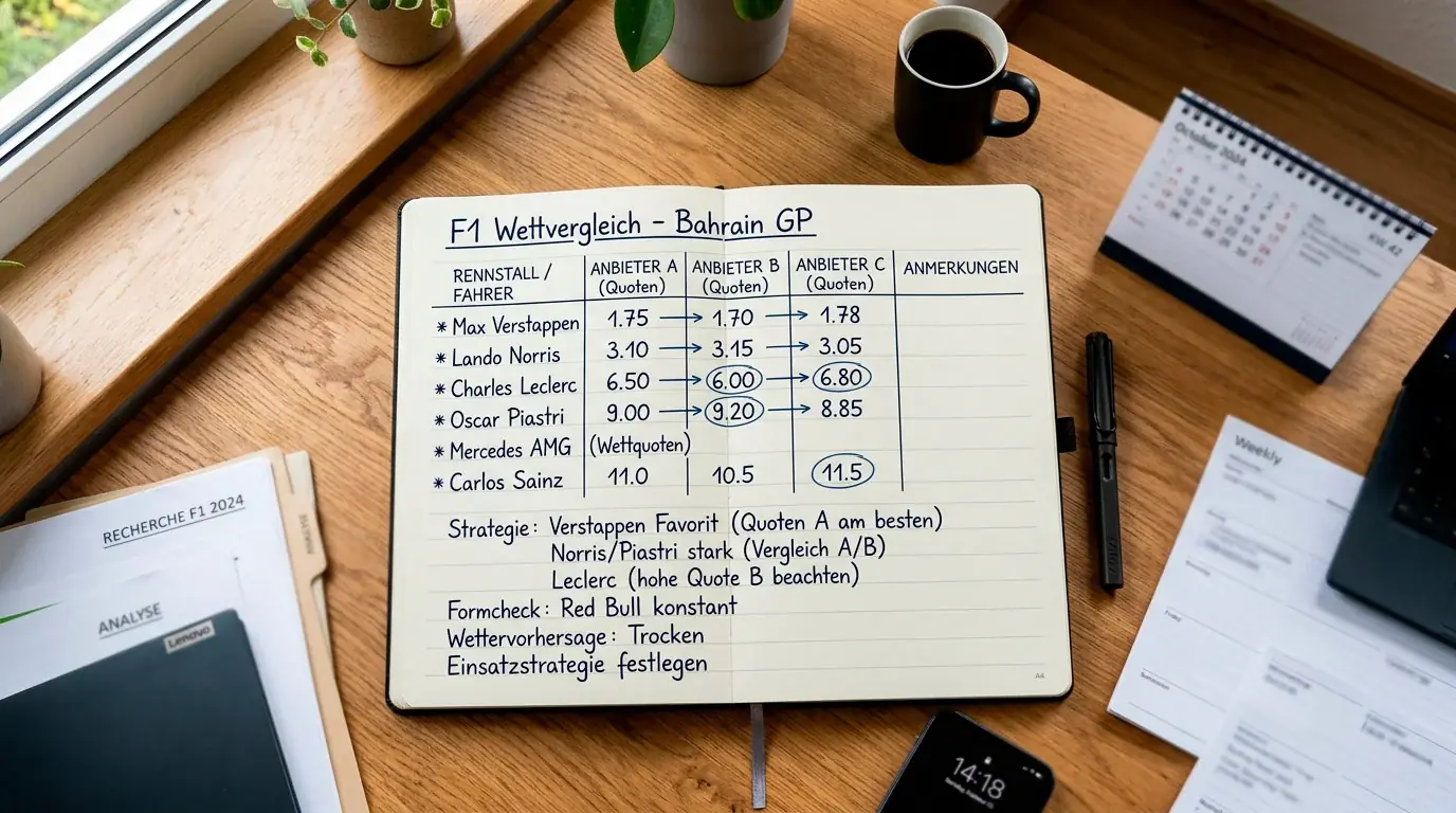 Systematischer Workflow beim Formel-1-Quoten-Shopping: Einschätzung, Vergleich, Platzierung