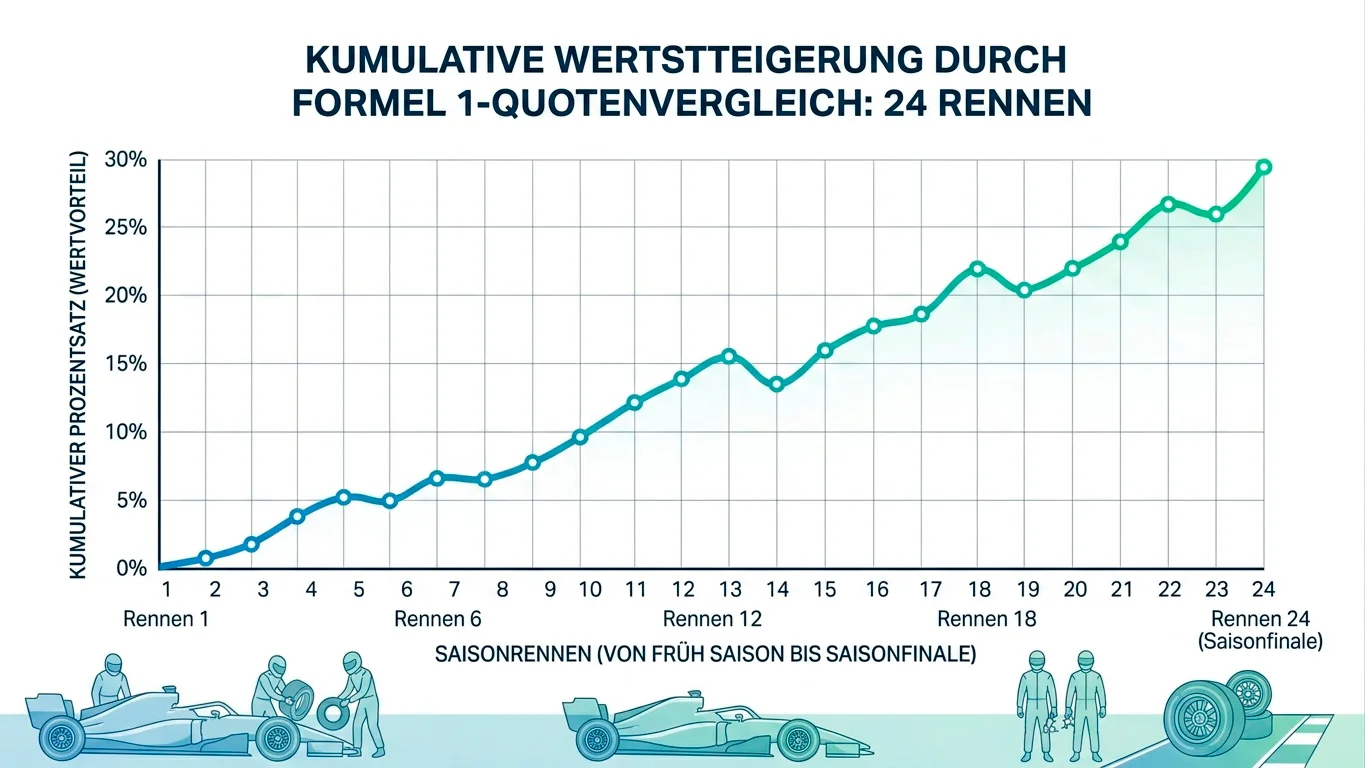 Grafik zur kumulierten Quotenverbesserung durch konsequentes Formel-1-Quoten-Shopping über eine gesamte Saison