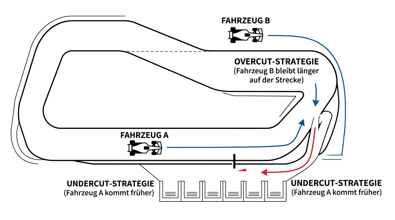Schematische Darstellung von Undercut und Overcut Strategien im Formel-1-Rennen