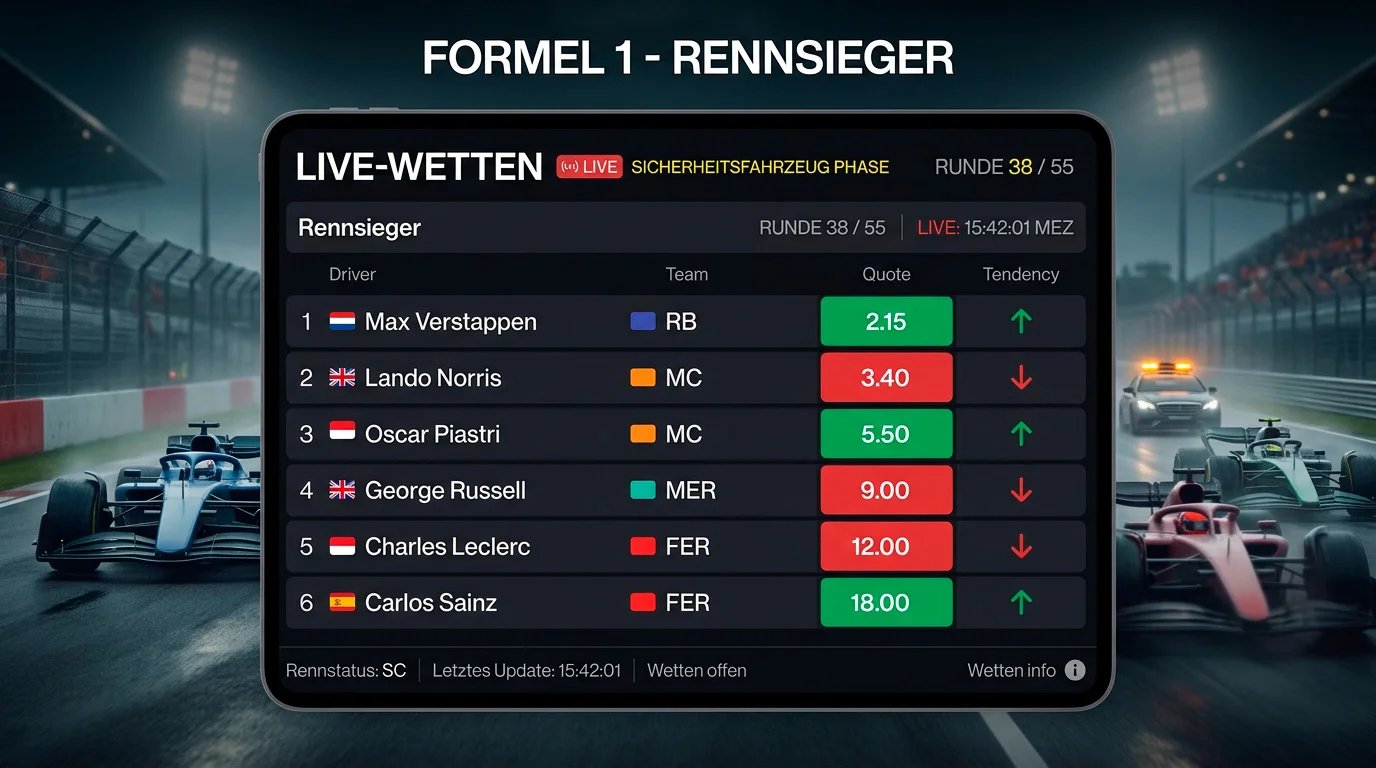Live-Betting-Strategie mit der Formel-1-Safety-Car-Wette – Marktreaktionen nach SC-Einsatz nutzen