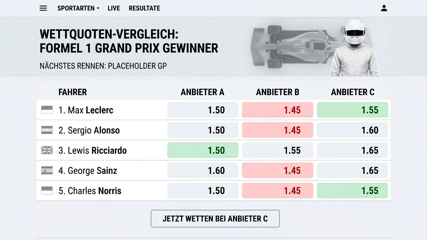 Vergleich der Formel-1-Siegwette-Quoten verschiedener GGL-lizenzierter Buchmacher für den Grand Prix