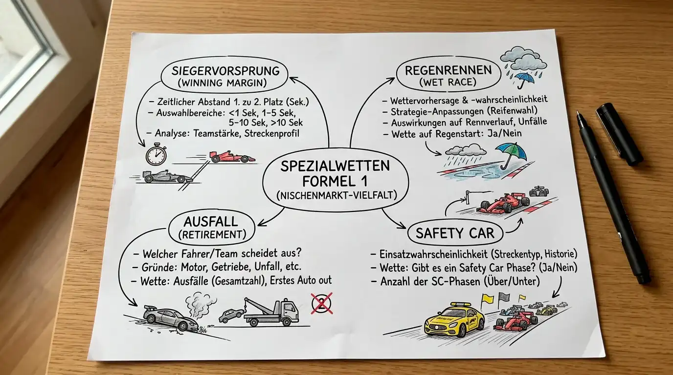 Überblick über Formel-1-Spezialwetten-Nischenmärkte: Siegervorsprung, Ausfall und Wettereinfluss als Wettoptionen