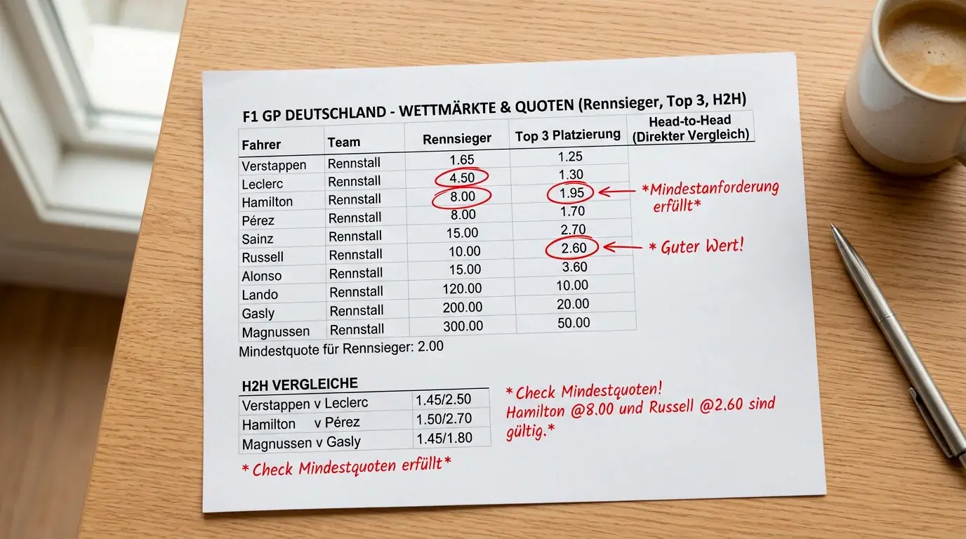 Mindestquoten-Anforderungen für Formel-1-Wettbonus: Welche F1-Märkte zur Bonuserfüllung geeignet sind