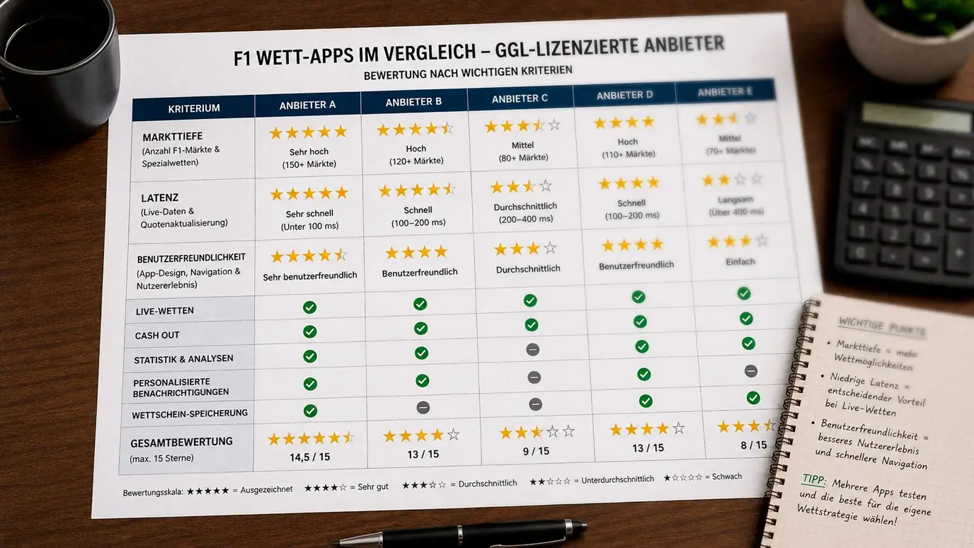 Vergleich der besten Formel-1-Wetten-Apps von GGL-lizenzierten Anbietern: Markttiefe, Latenz und Benutzerfreundlichkeit