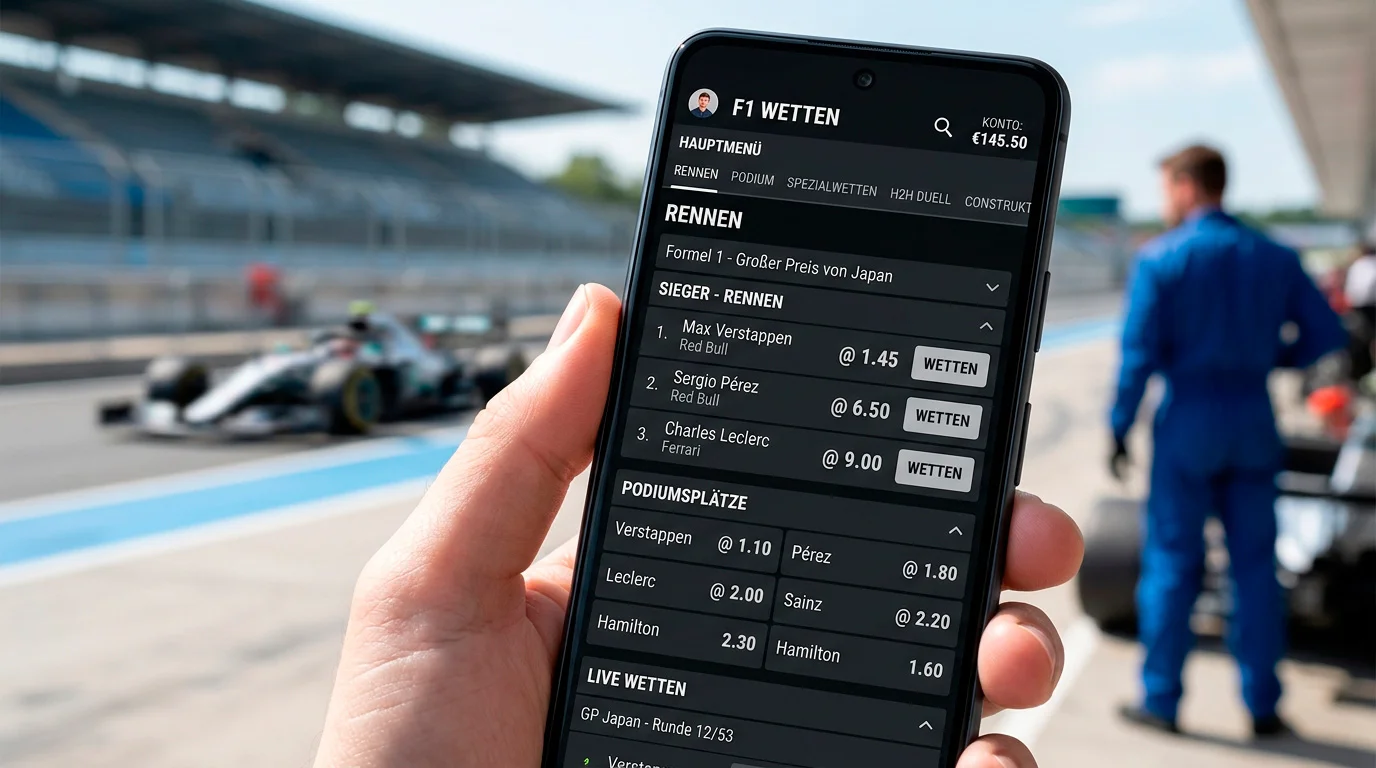 Mobile Benutzeroberfläche einer Formel-1-Wetten-App: Schnelle Navigation, übersichtliche Märkte und Live-Quoten-Anzeige