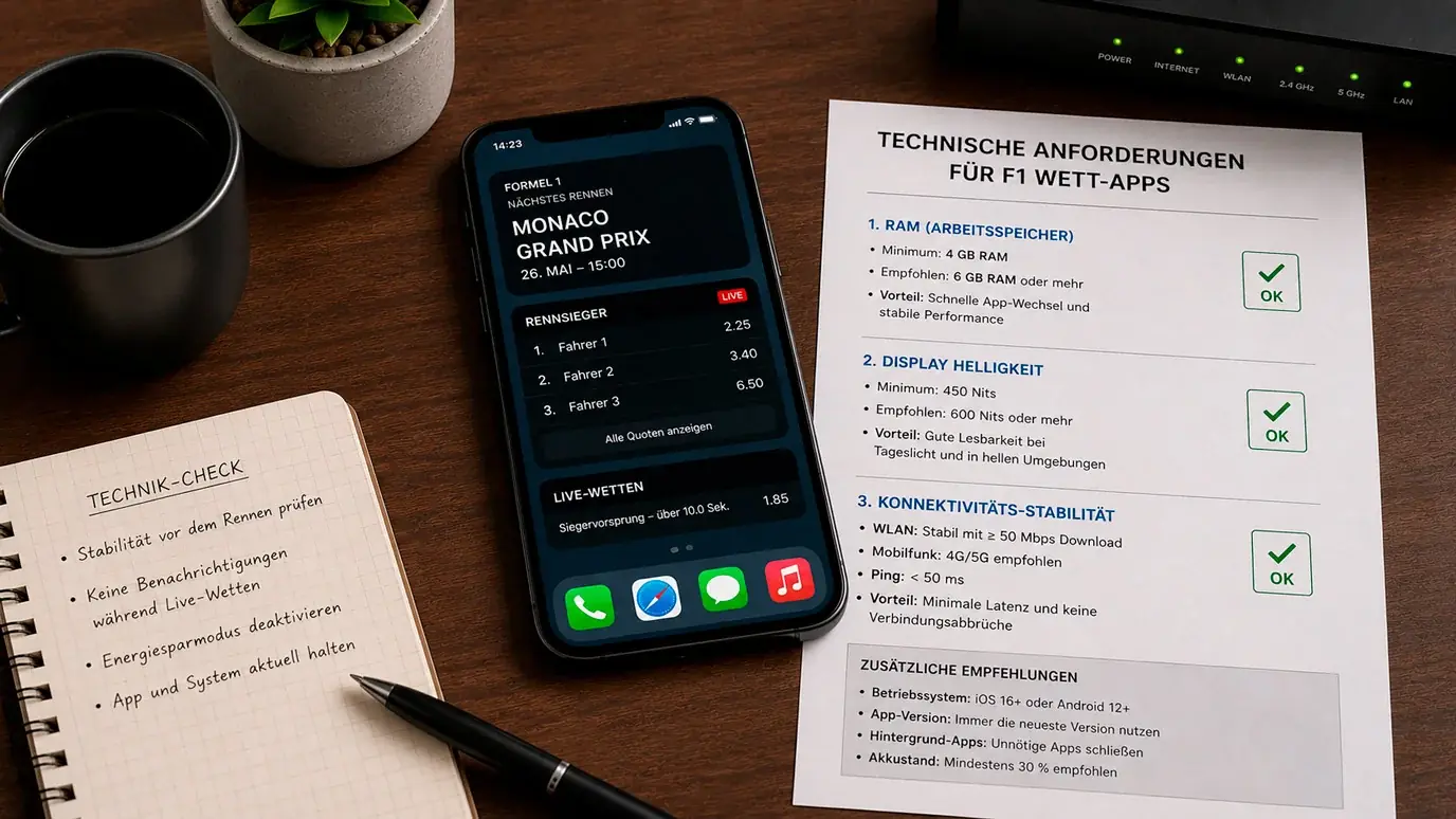 Technische Anforderungen für die Formel-1-Wetten-App: Gerät, Internetverbindung und Software-Voraussetzungen für Live-Wetten