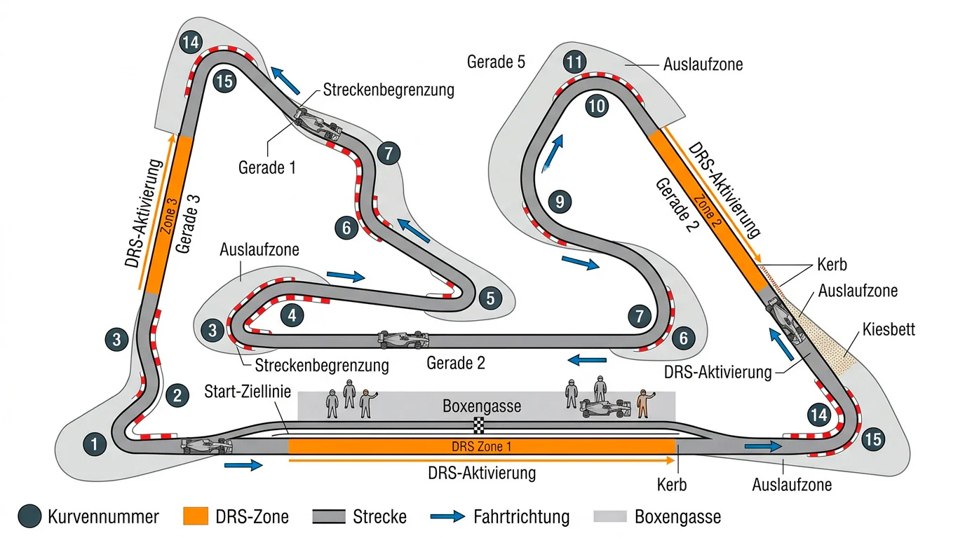 Bahrain International Circuit Streckenprofil – Kurvenfolge und DRS-Zonen für Formel-1-Wetten