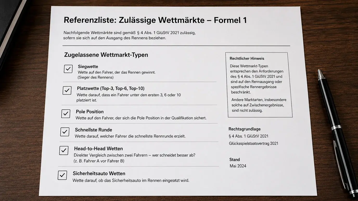Übersicht erlaubter Formel-1-Wettmärkte in Deutschland gemäß GGL-Wettmärkte-Liste