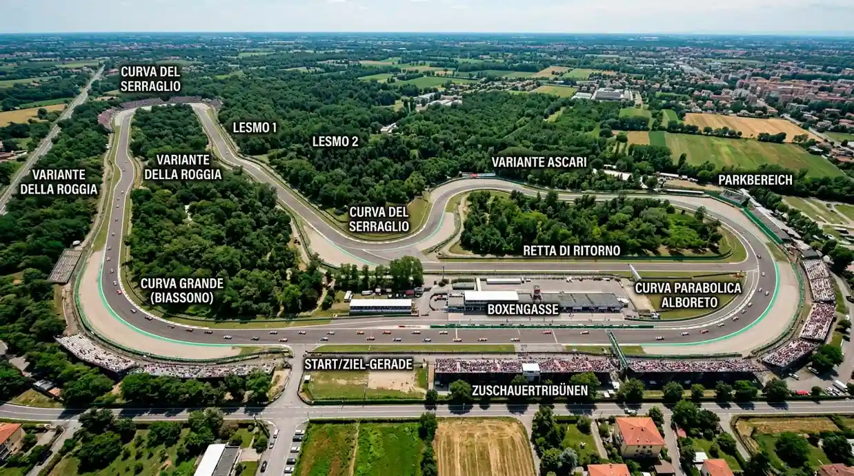 Streckenprofil Monza mit DRS-Zonen und langen Geraden – Charakteristik des Formel-1-Königskurses für Wettanalyse