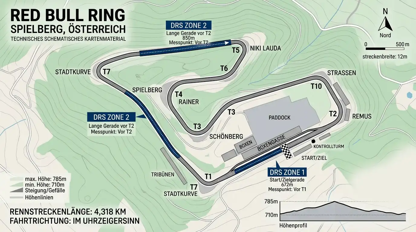 Red Bull Ring Streckenlayout – kurze Runde mit zwei DRS-Zonen und steiler Bergstrecke für F1-Wetten