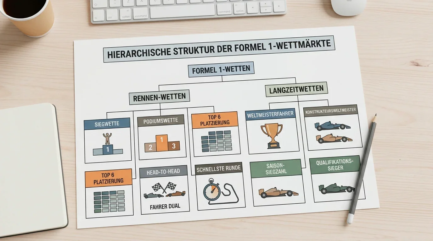 Übersicht der wichtigsten Formel-1-Wettmärkte von Siegwette bis Langzeitwette auf einer Infografik