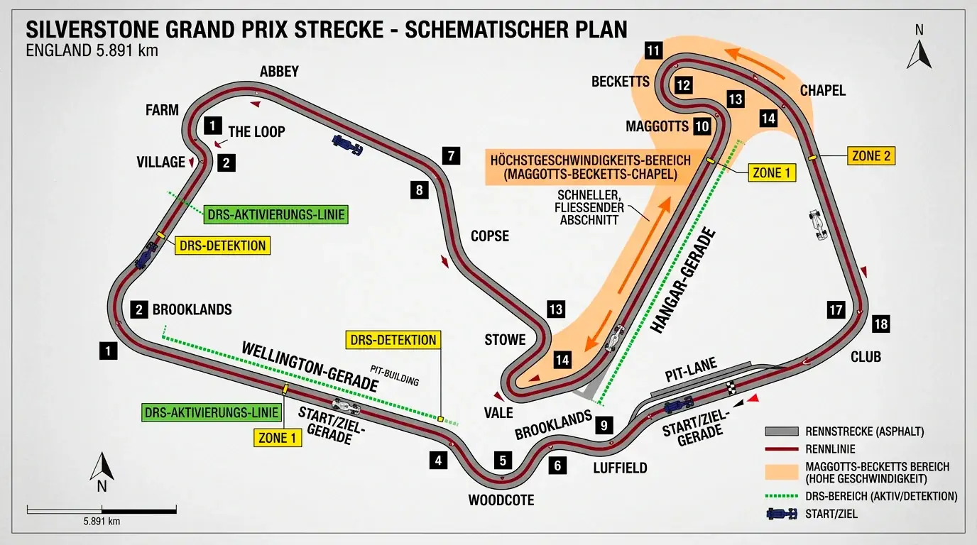 Silverstone Streckenprofil – Kurvenfolge, DRS-Zonen und Charakteristik für Formel-1-Wetter