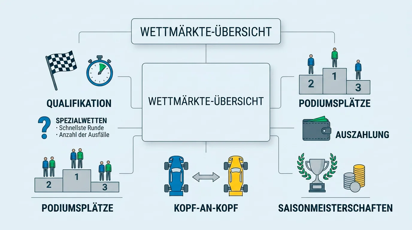 Überblick aller Formel-1-Wettmärkte von der Siegwette bis zu Langzeitwetten und Spezialwetten für den Grand Prix