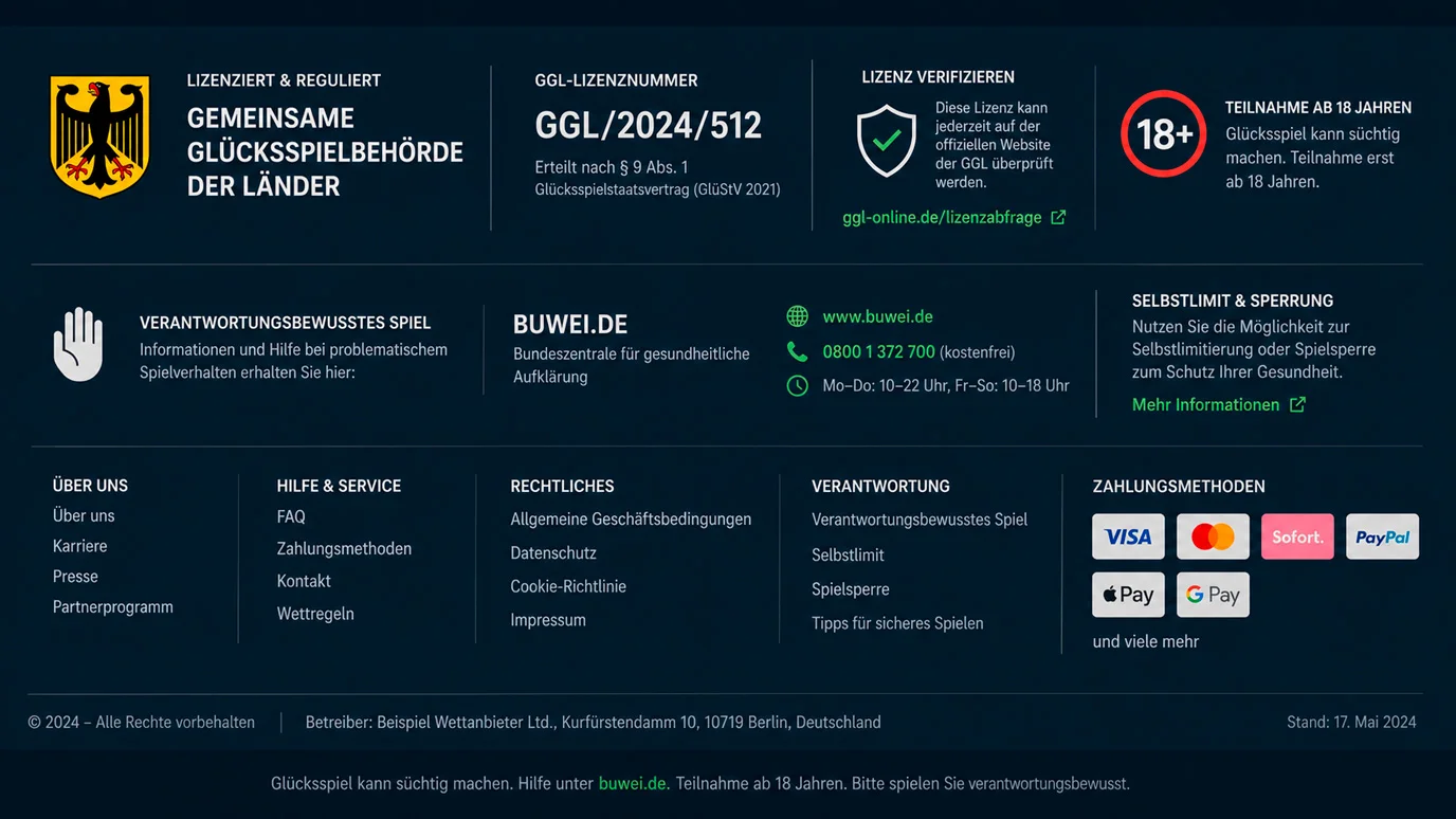 Erkennungsmerkmale eines GGL-lizenzierten Formel-1-Wettanbieters auf der Website – Lizenzhinweis und Spielerschutz